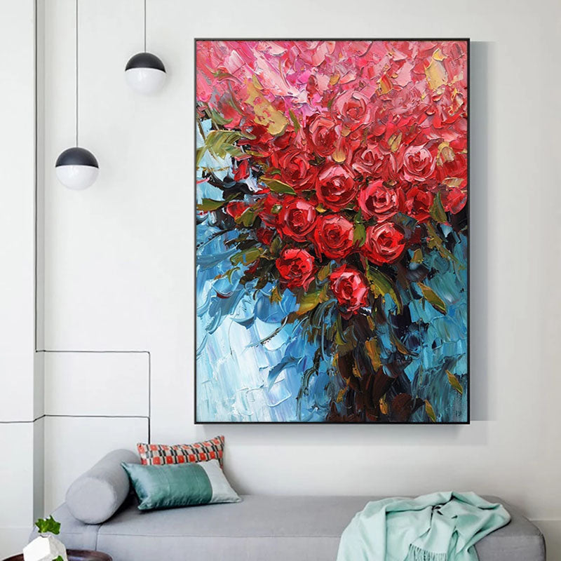 Red Roses-Palette Knife Red Rose Oil Painting - Vibrant Textured Floral Art with Blue Background