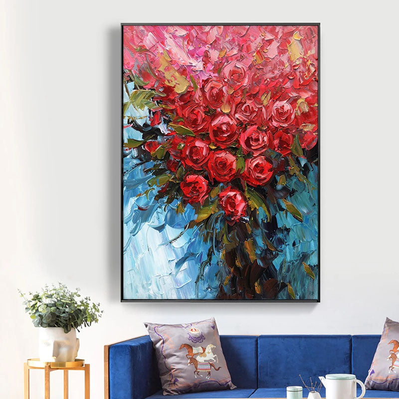 Red Roses-Palette Knife Red Rose Oil Painting - Vibrant Textured Floral Art with Blue Background