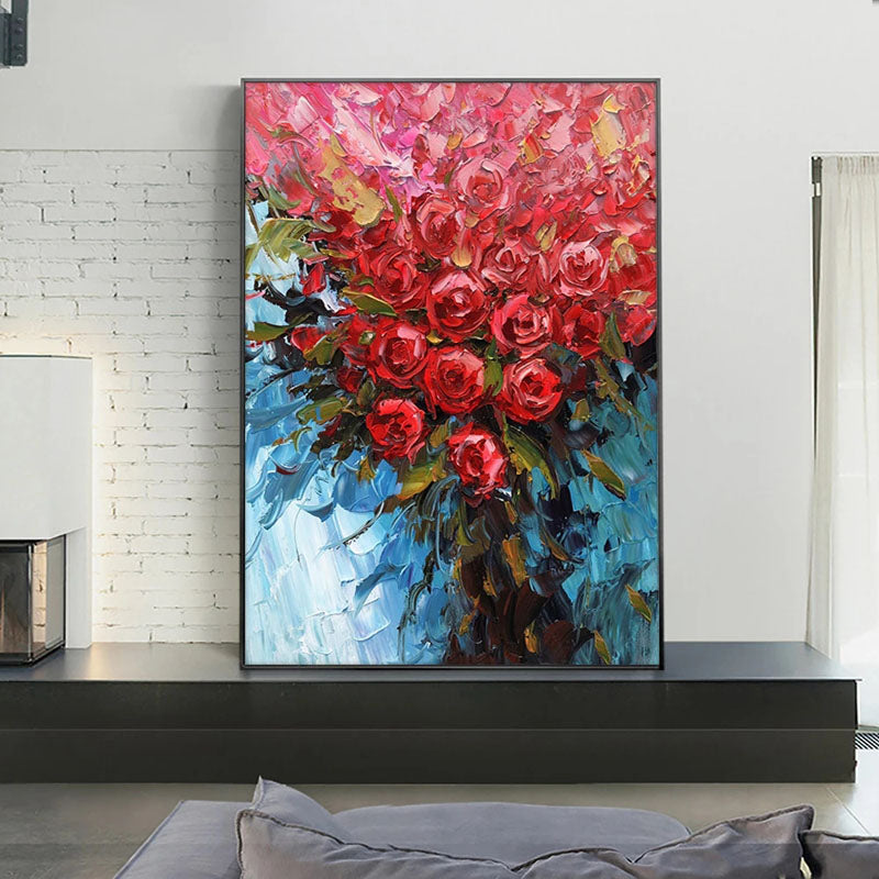 Red Roses-Palette Knife Red Rose Oil Painting - Vibrant Textured Floral Art with Blue Background