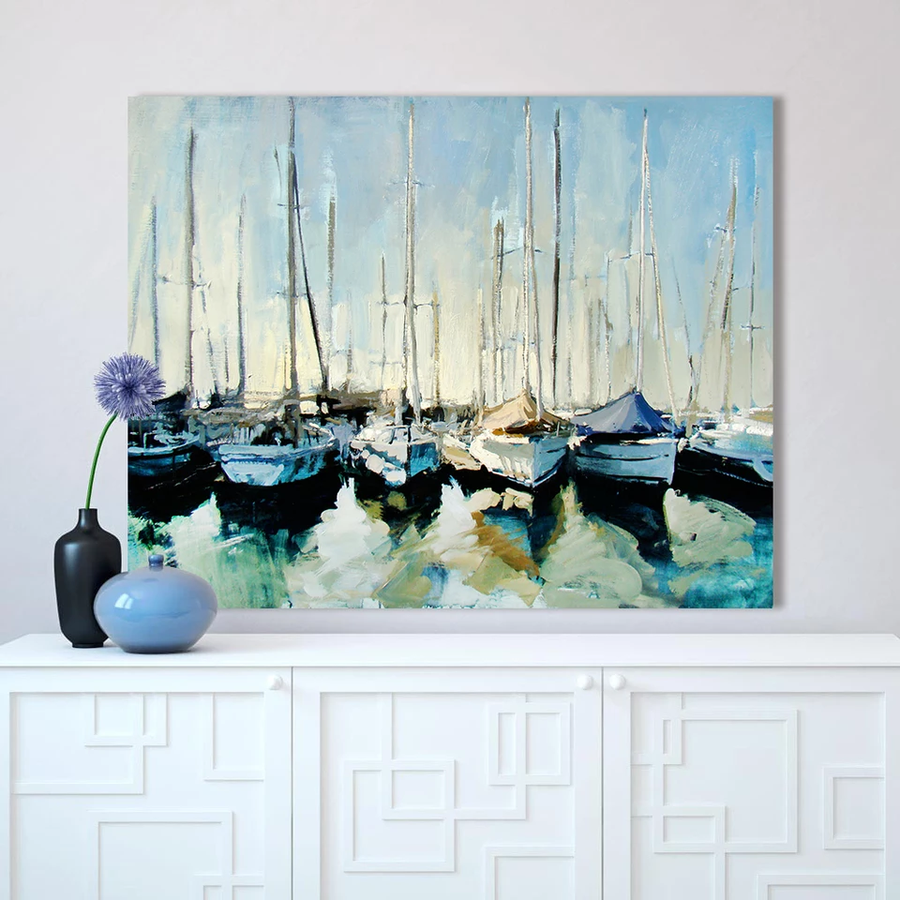 Safe Havens - Abstract Marina Boat Painting for Coastal Wall Decor