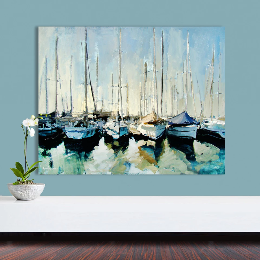Safe Havens - Abstract Marina Boat Painting for Coastal Wall Decor