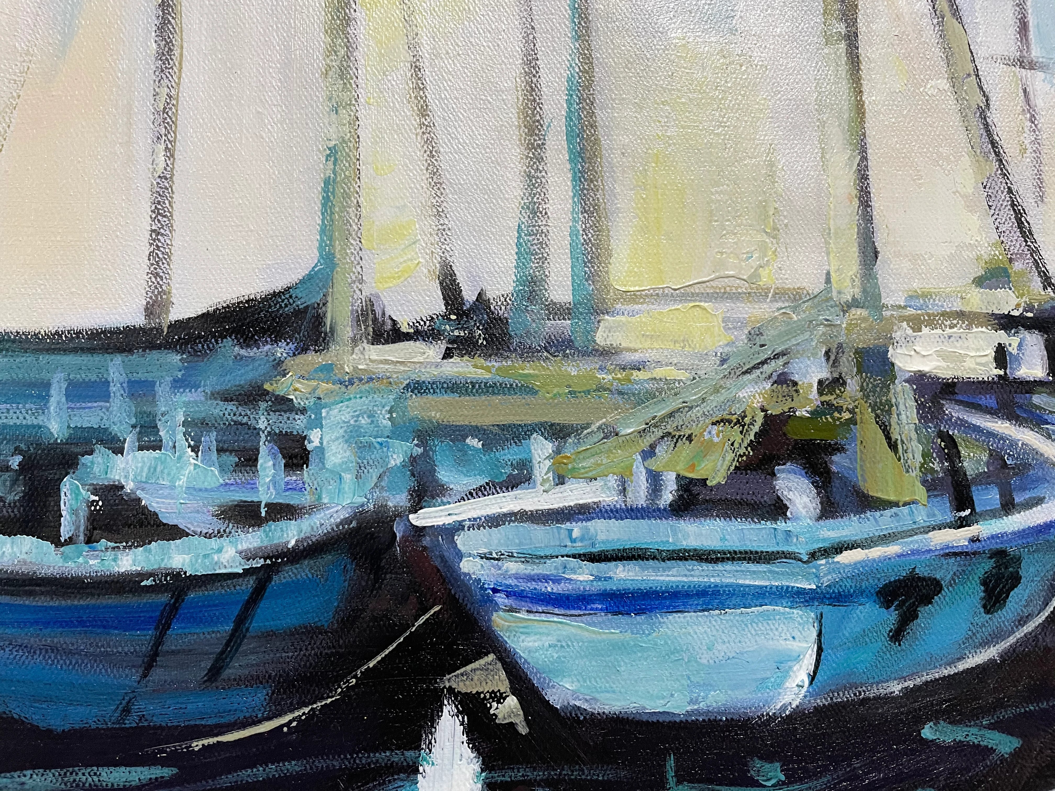 Safe Havens - Abstract Marina Boat Painting for Coastal Wall Decor