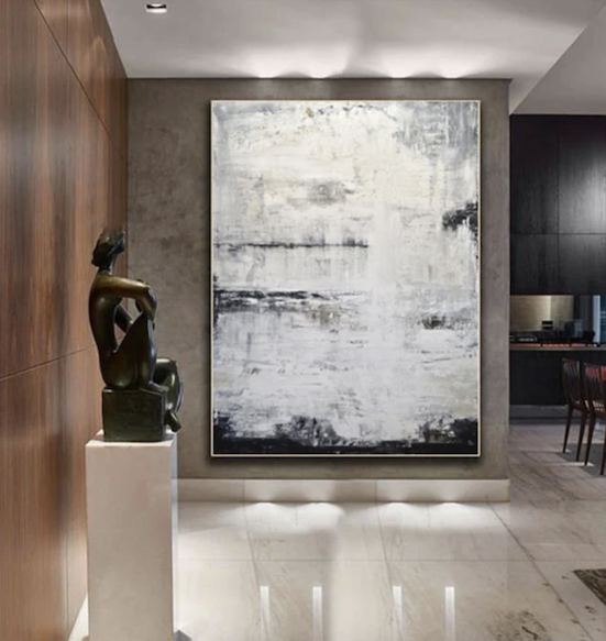 Snowy - Minimalist White and Gray Abstract Oil Painting for Modern Interiors