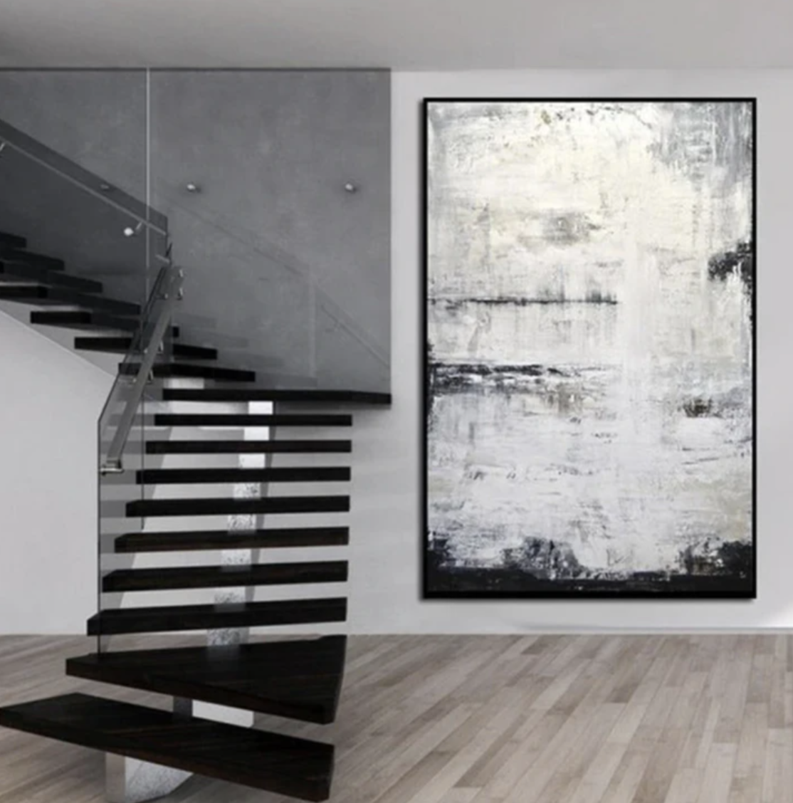 Snowy - Minimalist White and Gray Abstract Oil Painting for Modern Interiors