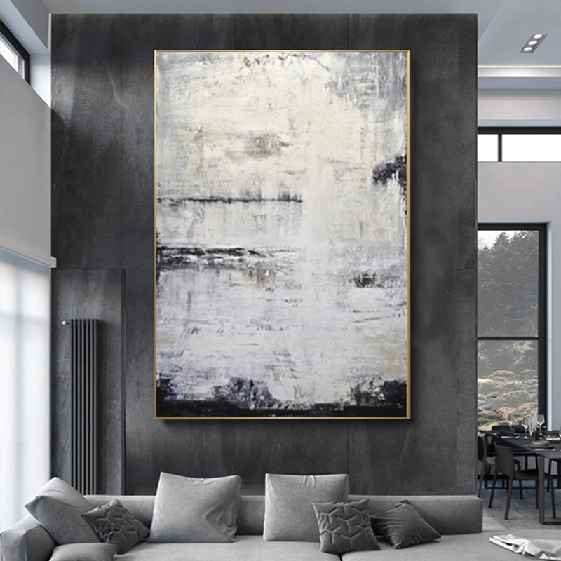 Snowy - Minimalist White and Gray Abstract Oil Painting for Modern Interiors