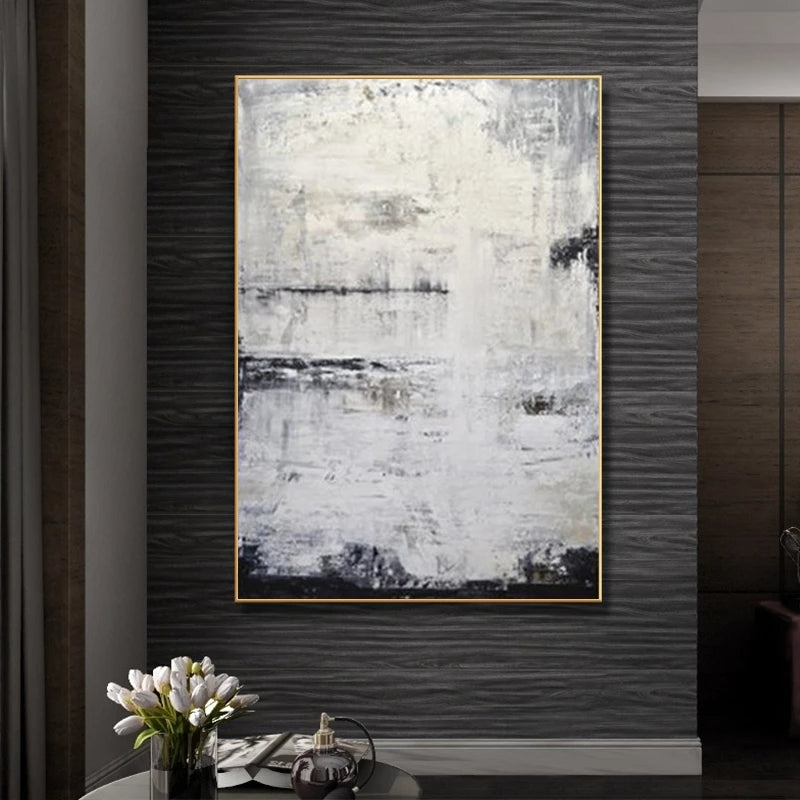 Snowy - Minimalist White and Gray Abstract Oil Painting for Modern Interiors