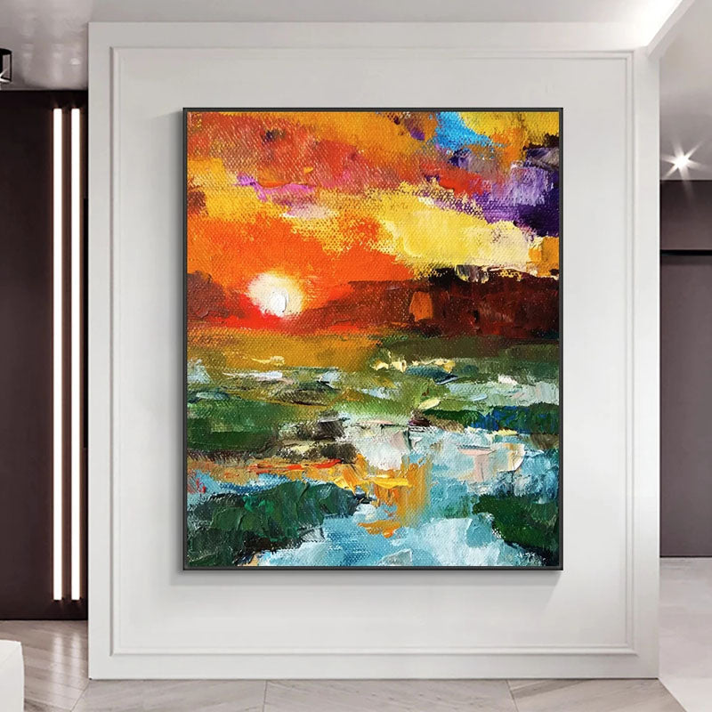 Sunset-Abstract Vibrant Sunset Landscape Oil Painting - Nature Wall Art for Home Decoration