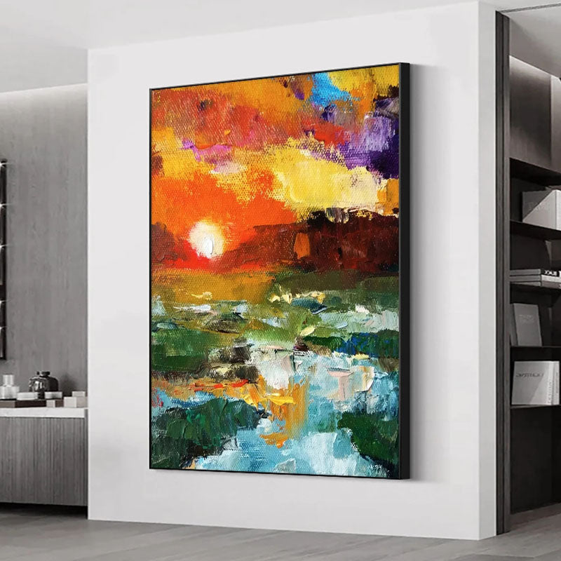 Sunset-Abstract Vibrant Sunset Landscape Oil Painting - Nature Wall Art for Home Decoration