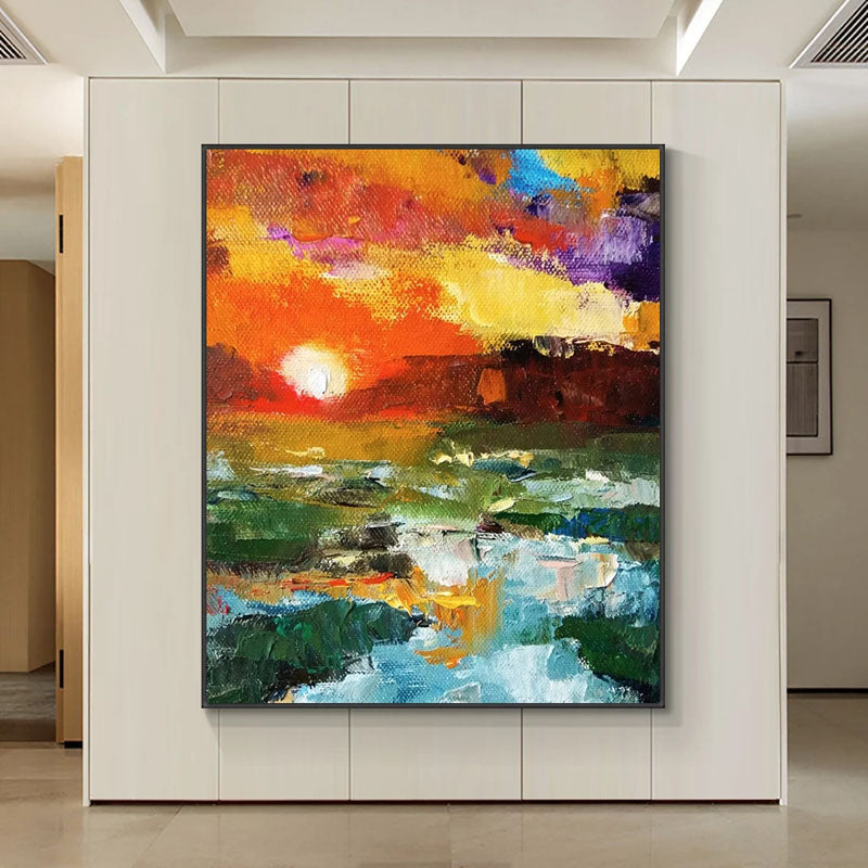 Sunset-Abstract Vibrant Sunset Landscape Oil Painting - Nature Wall Art for Home Decoration