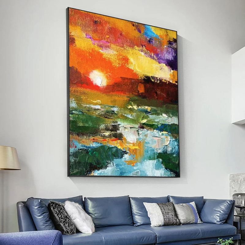 Sunset-Abstract Vibrant Sunset Landscape Oil Painting - Nature Wall Art for Home Decoration