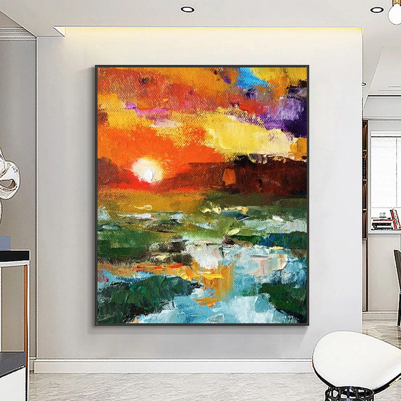 Sunset-Abstract Vibrant Sunset Landscape Oil Painting - Nature Wall Art for Home Decoration