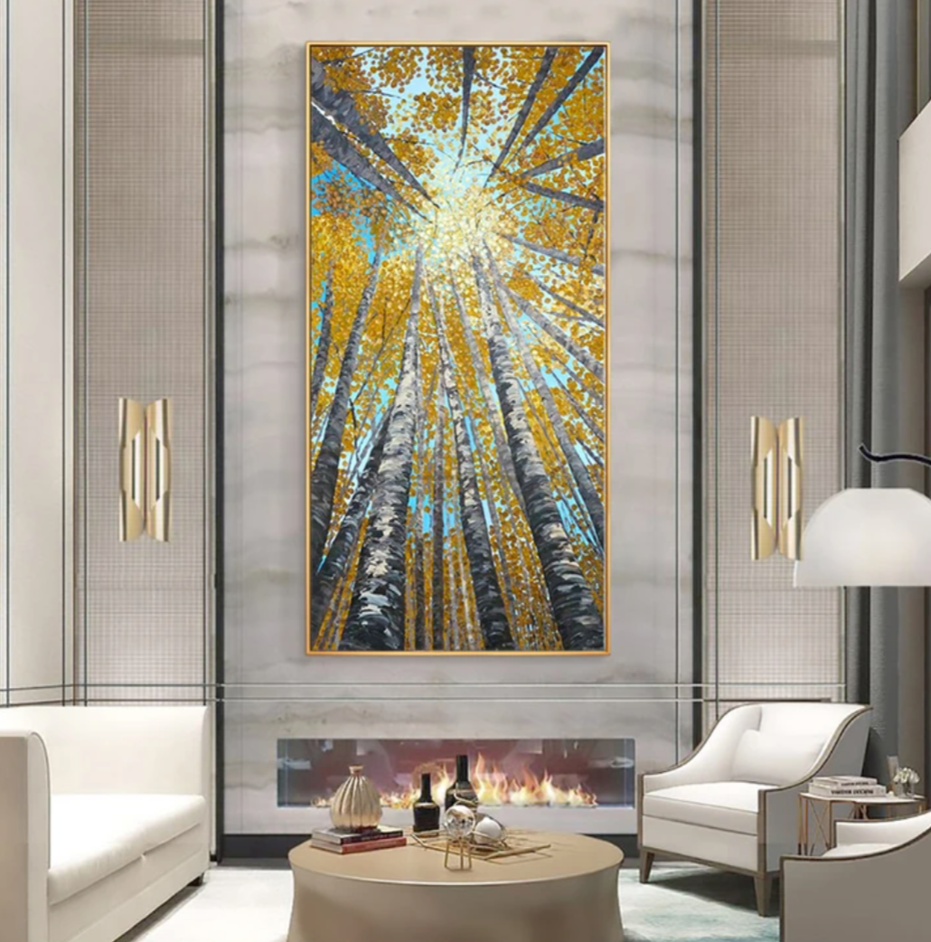 Sunshine-Autumn Birch Tree Forest Oil Painting,Vertical Wall Art with Sunlight Through Treetops for Home Decor