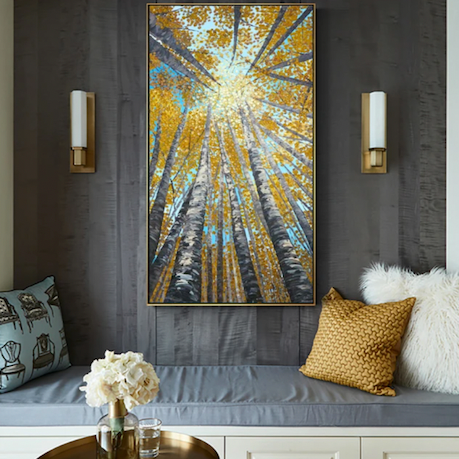 Sunshine-Autumn Birch Tree Forest Oil Painting,Vertical Wall Art with Sunlight Through Treetops for Home Decor