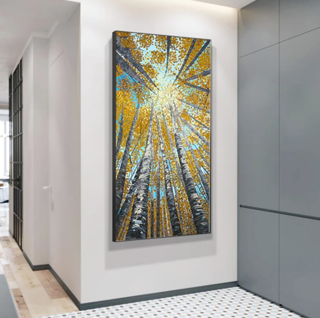 Sunshine-Autumn Birch Tree Forest Oil Painting,Vertical Wall Art with Sunlight Through Treetops for Home Decor