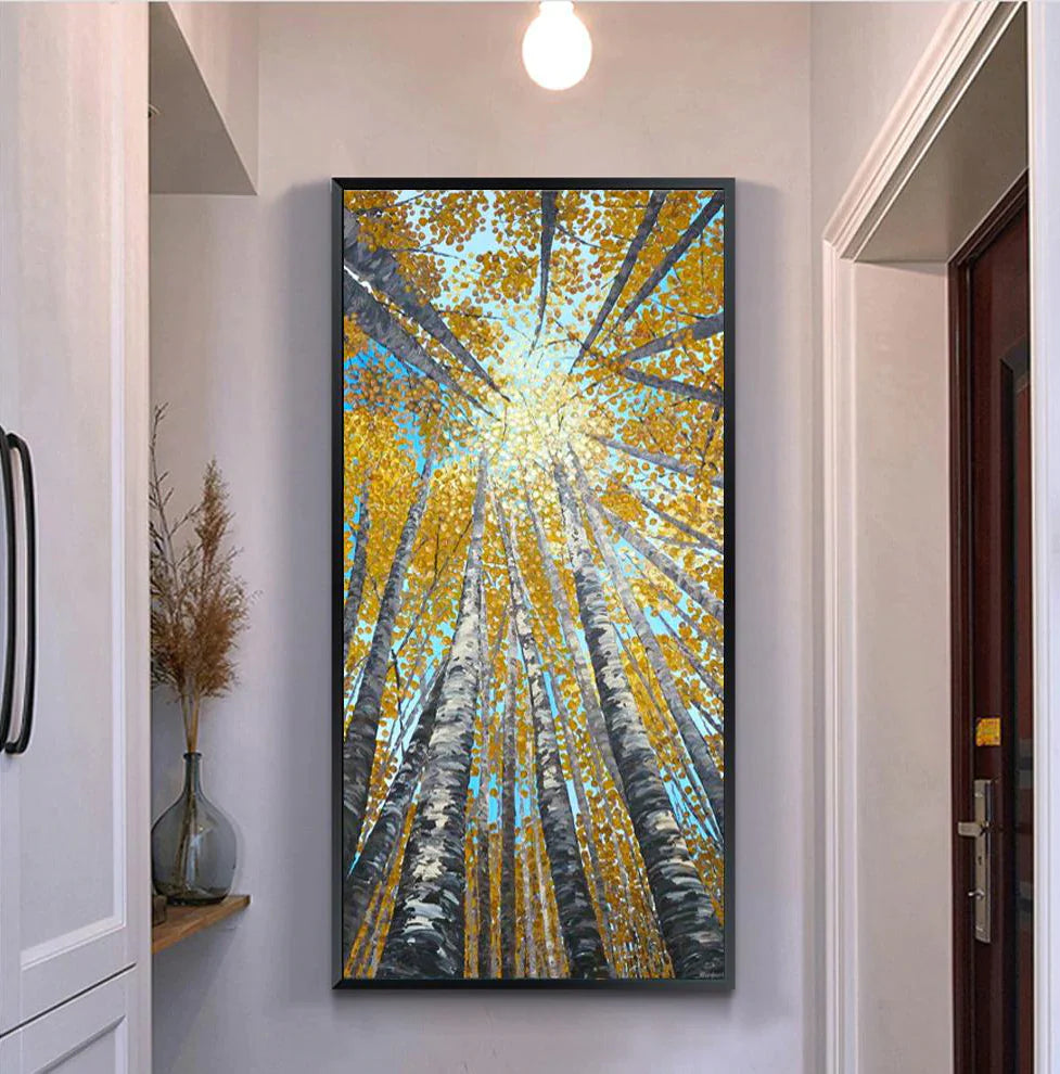 Sunshine-Autumn Birch Tree Forest Oil Painting,Vertical Wall Art with Sunlight Through Treetops for Home Decor