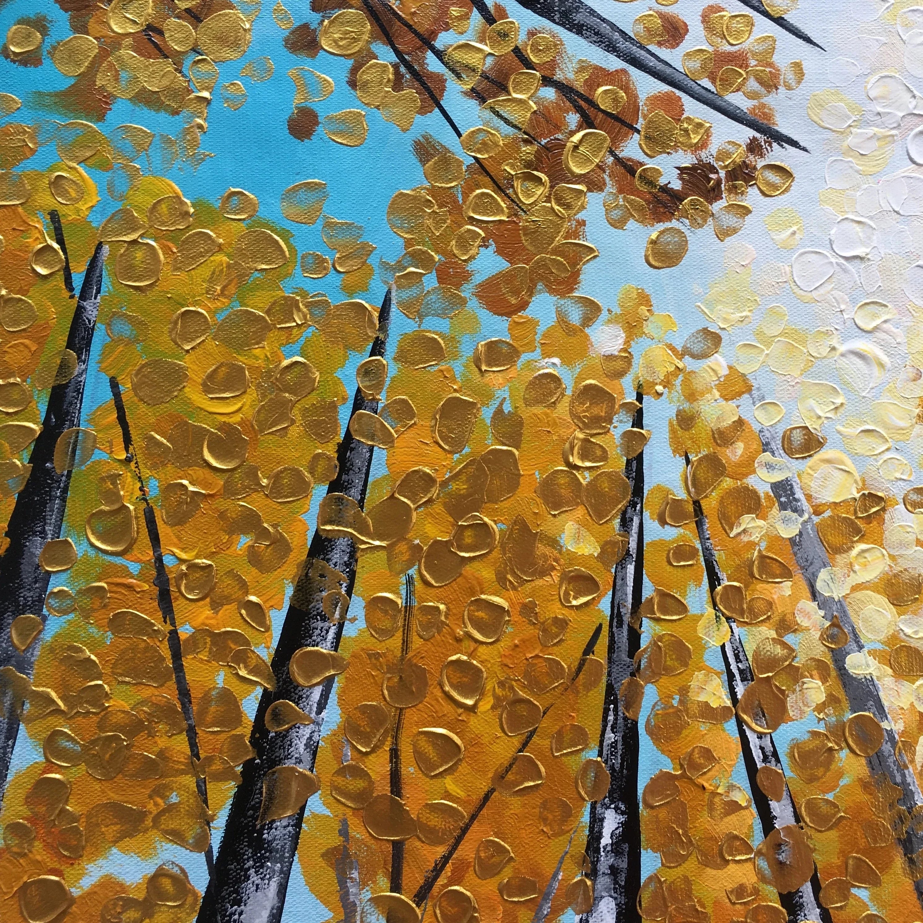 Sunshine-Autumn Birch Tree Forest Oil Painting,Vertical Wall Art with Sunlight Through Treetops for Home Decor