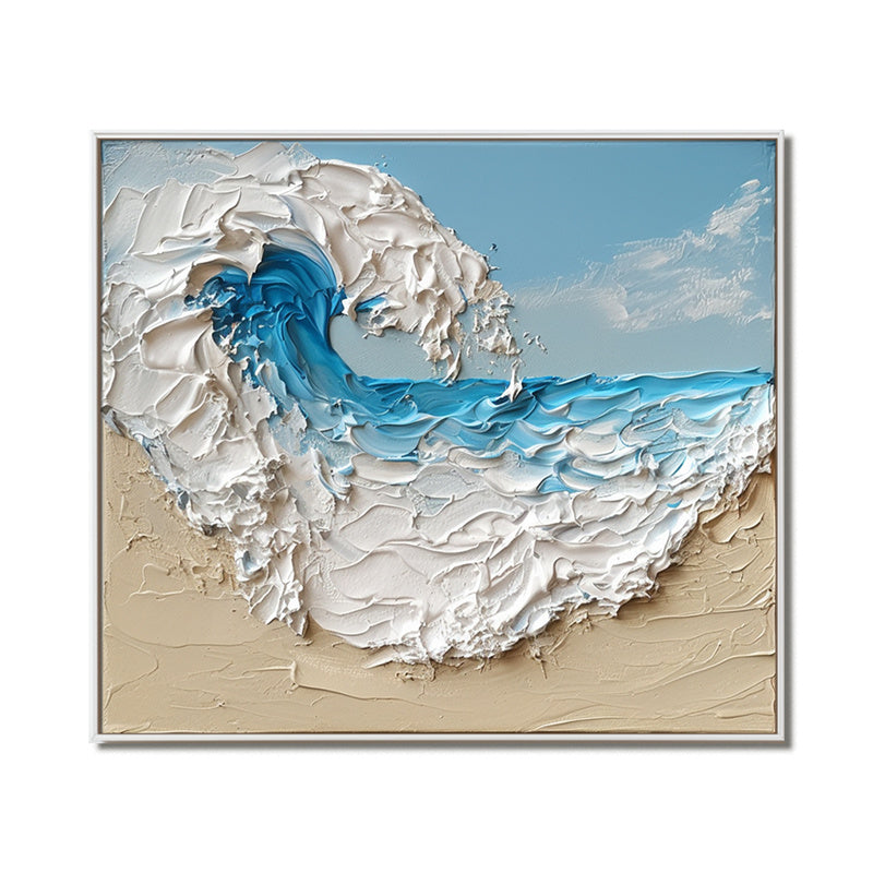 3D Textured Ocean Wave Wall Art - Palette Knife Beach Relief Painting in Blue/White/Beige for Coastal Home