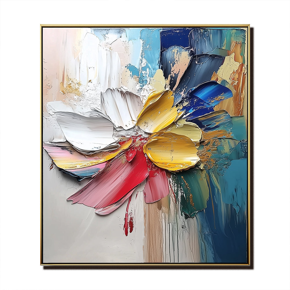 Abstract Colorful Floral Oil Painting - Thick Textured Wall Art with Gold Accents for Home Decor