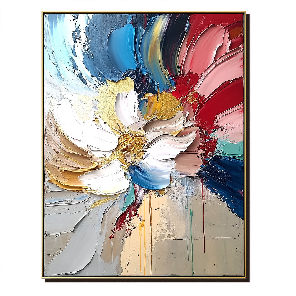 Abstract Colorful Floral Oil Painting - Textured Thick Paint Wall Art for Home Decor