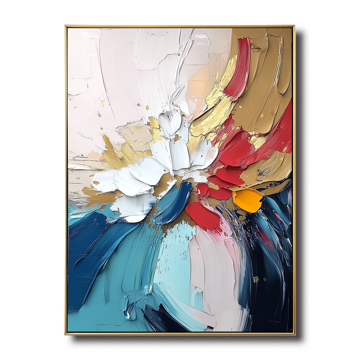Abstract Colorful Floral Oil Painting - Thick Textured Wall Art with Gold Accents for Home Decor