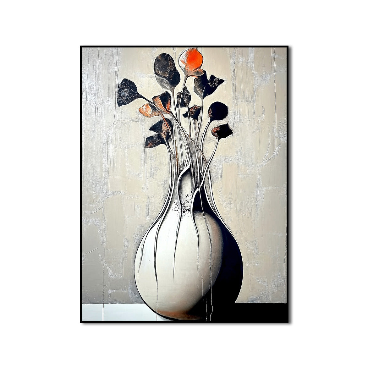Abstract Floral Still Life Oil Painting - Vase with Textured Blooms in Neutral Tones & Orange Accents, Modern Wall Art for Home Decor