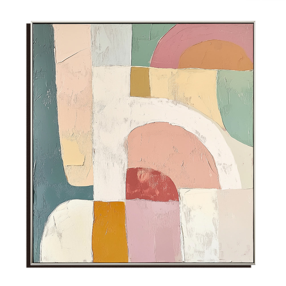 Abstract Geometric Oil Painting - Soft Pastel Tones Textured Wall Art for Home Decor