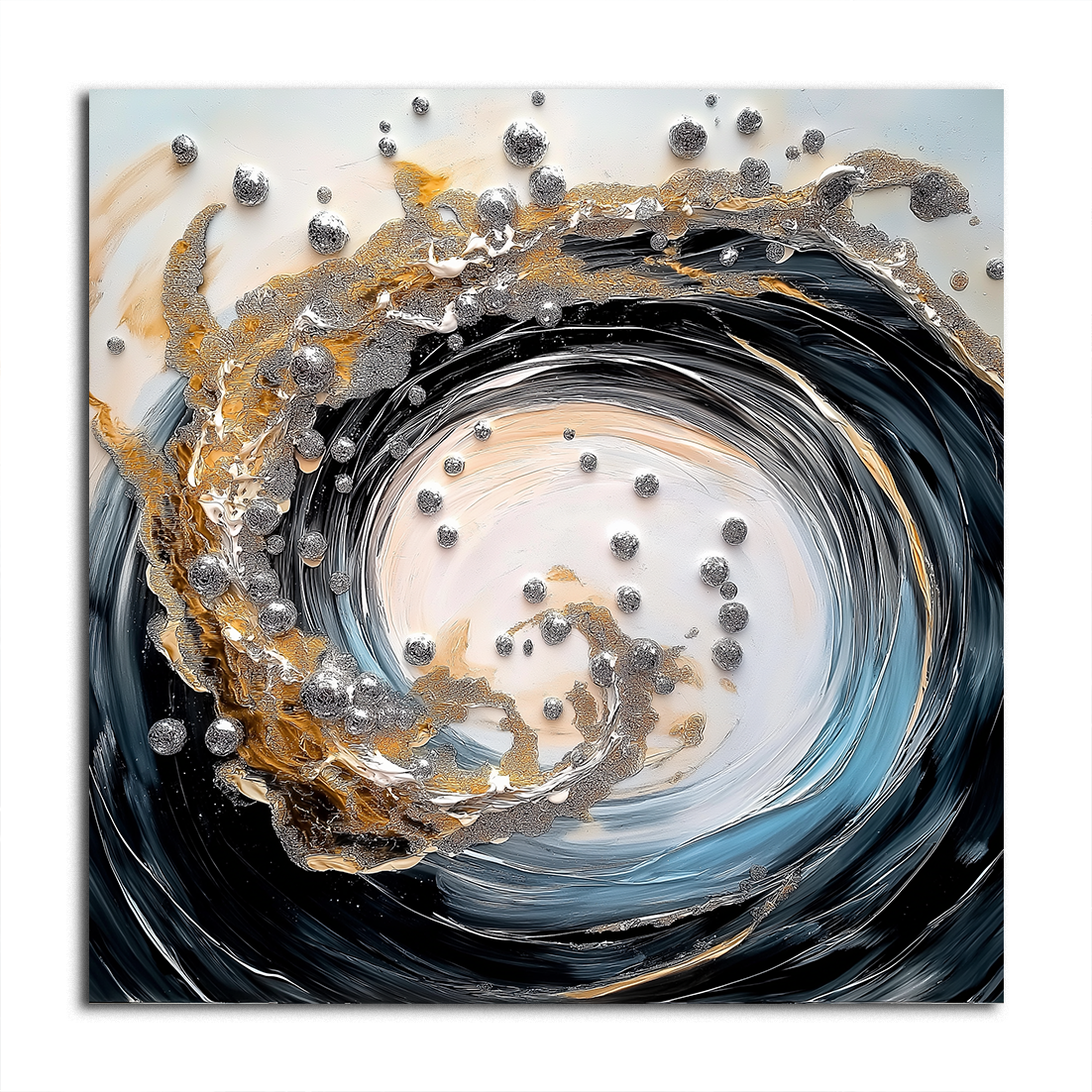 Abstract Swirl Wall Art with Gold & Silver Accents - Modern Textured Canvas Painting for Home Decor