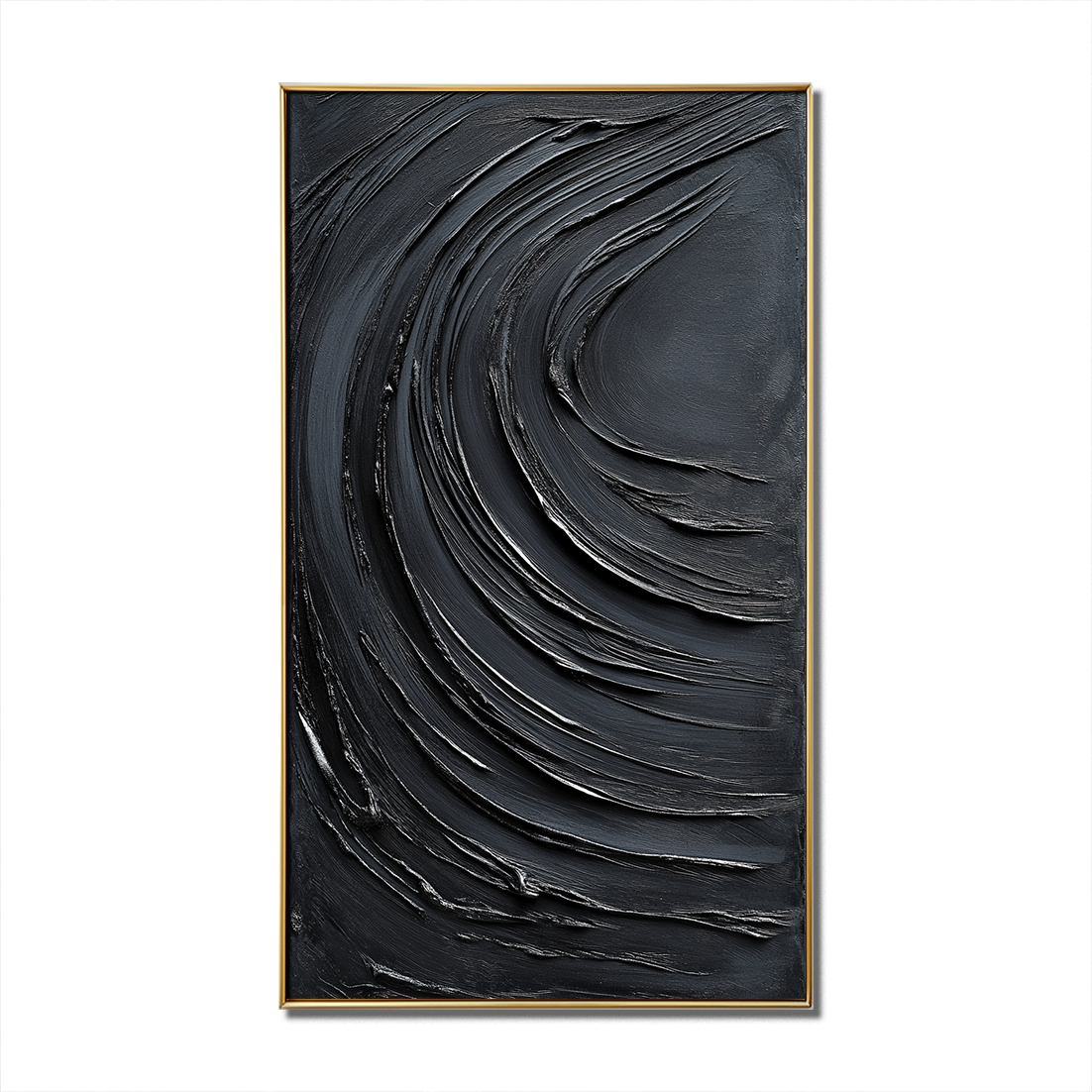Black Textured Abstract Wall Art - Modern Minimalist Oil Painting with Gold Frame for Home Decoration
