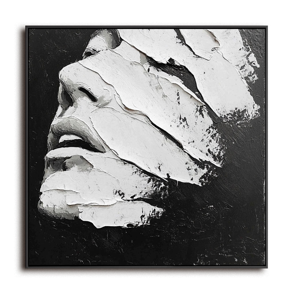Black White Abstract Textured Portrait Wall Art - 3D Modern Framed Decor