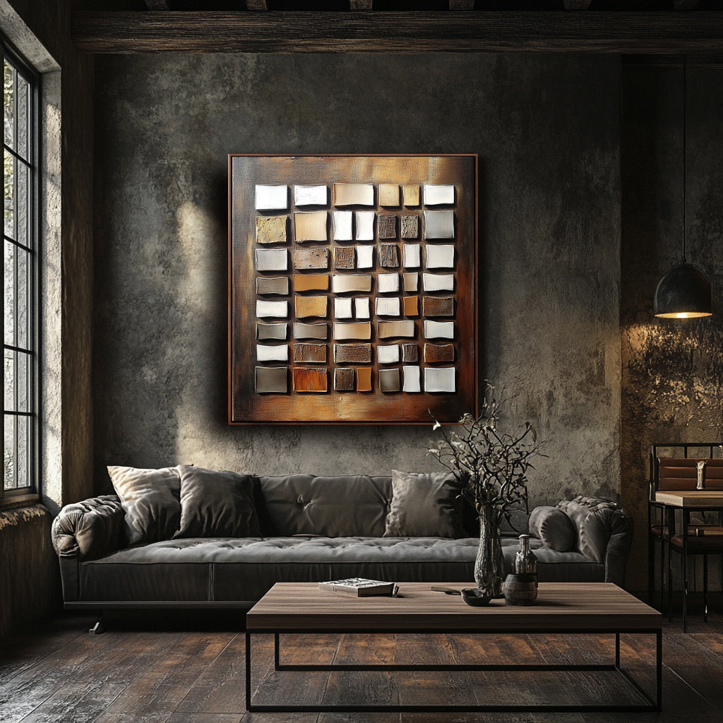 Brown Geometric Abstract Textured Painting for Modern Decor