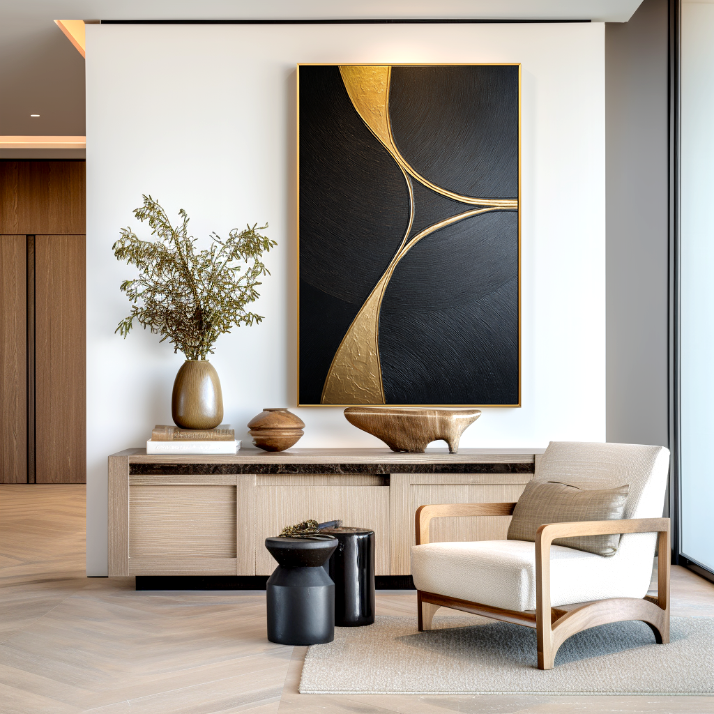 Golden Balance – Black Minimalist Abstract Wall Art