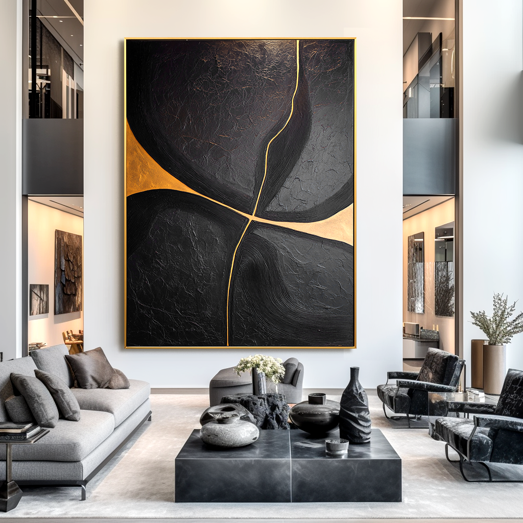 Black abstract minimalist painting with intersecting golden lines and textured surface