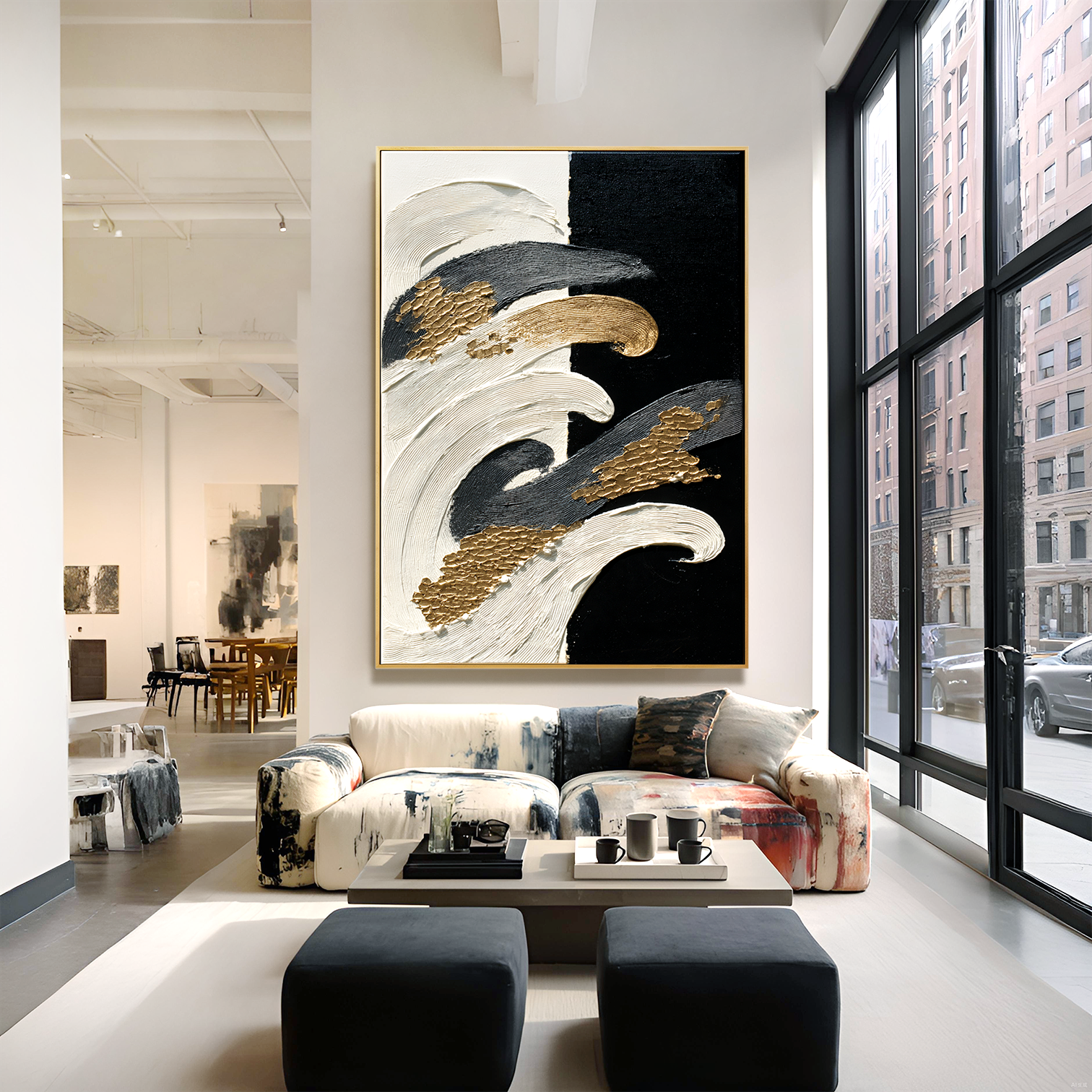 Black and white abstract textured painting with flowing gold accents