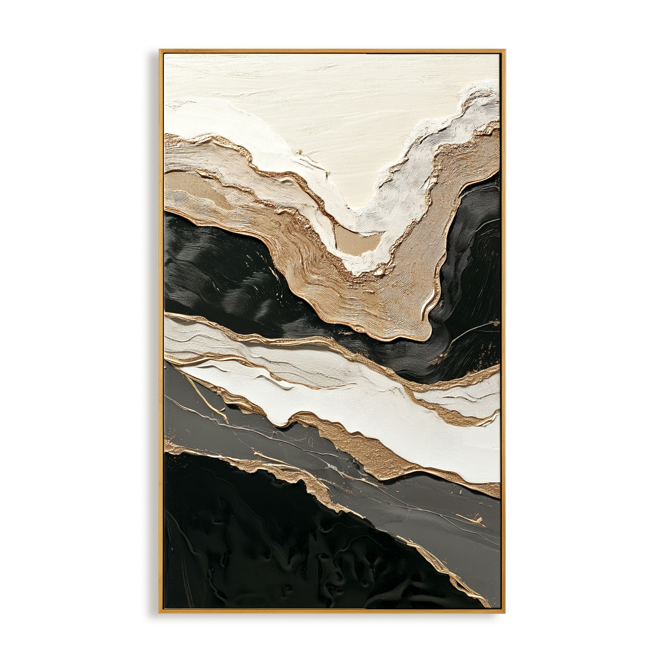 Black white abstract textured painting with layered gold accents