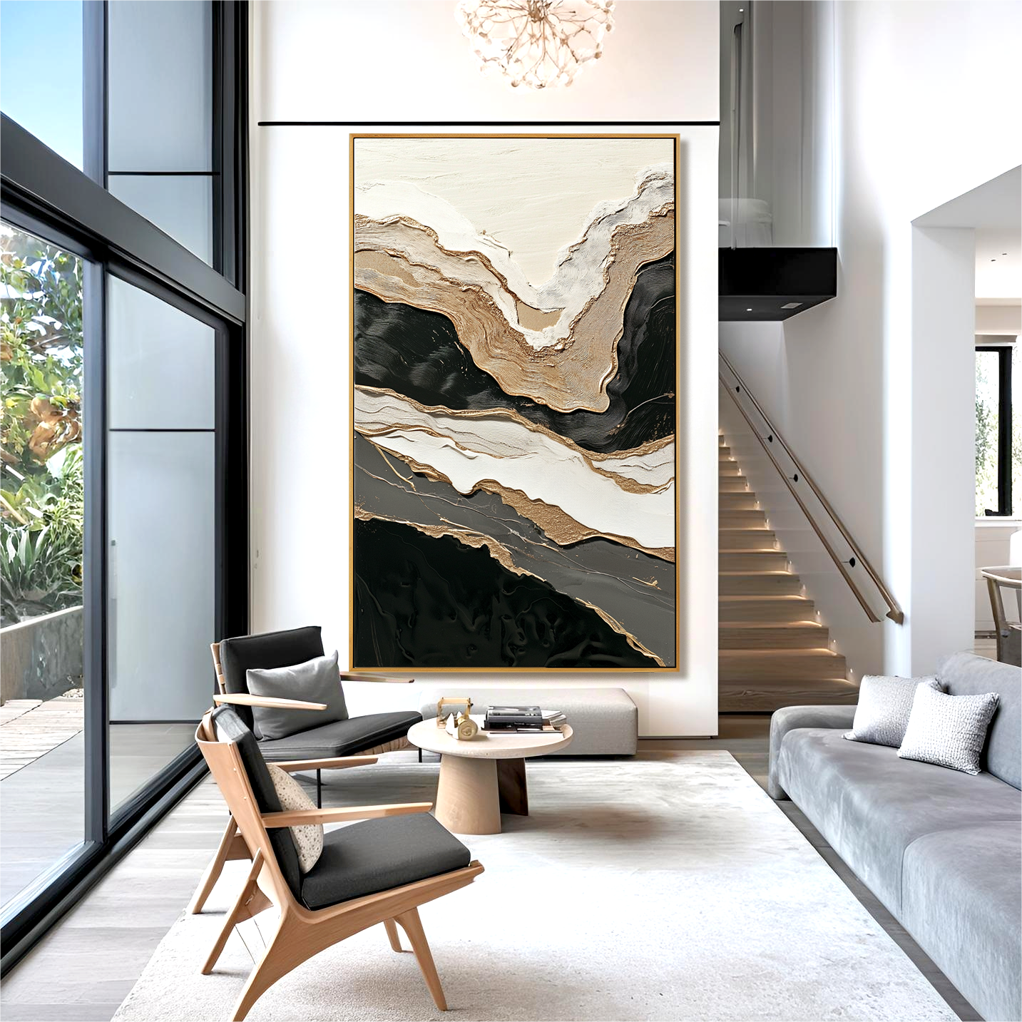 Black white abstract textured painting with layered gold accents