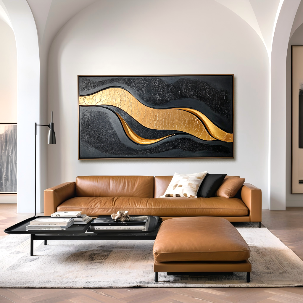 Black and gold abstract textured wall art with flowing horizontal wave design