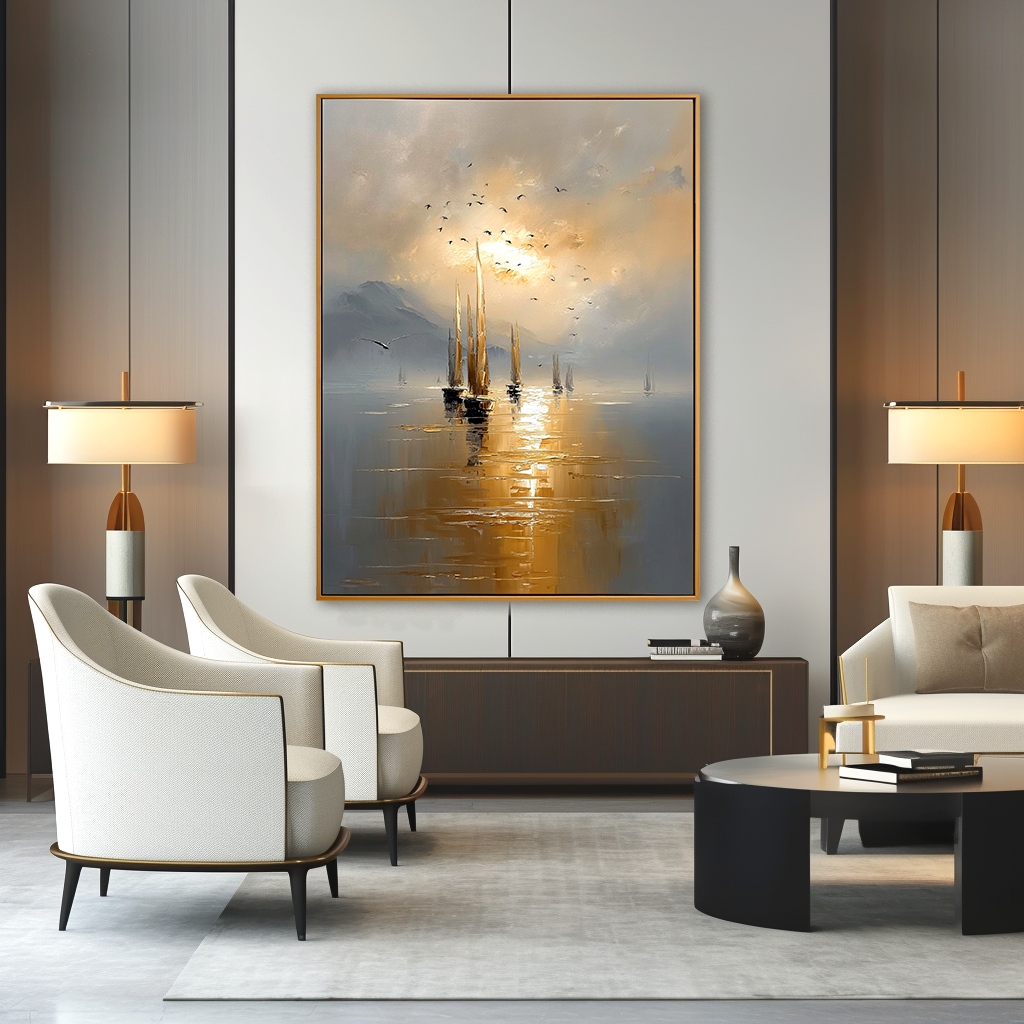 Golden Voyage Hand-Painted Sailboat Oil Painting Acoustic Panel