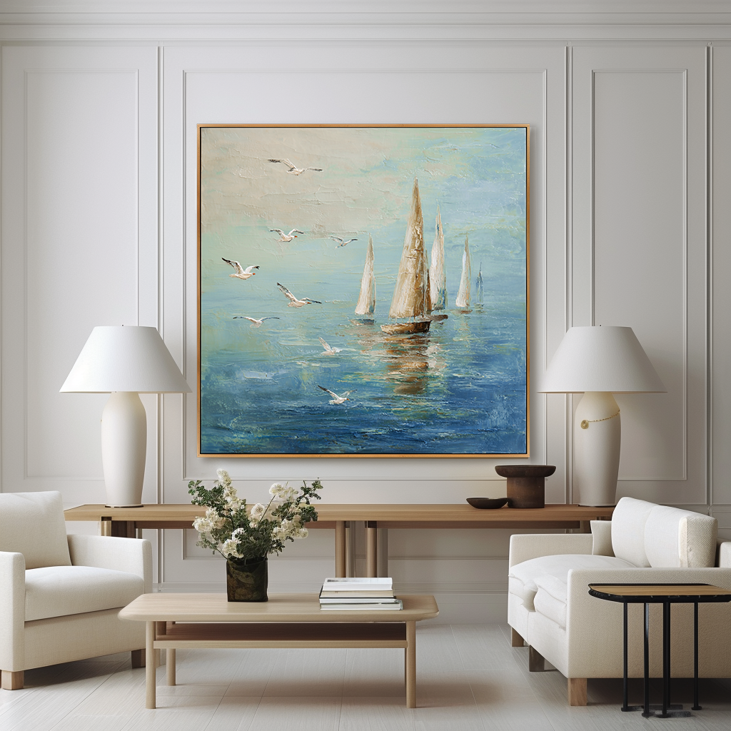 Azure Tides - Hand-Painted Sailboat Oil Painting Acoustic Panel