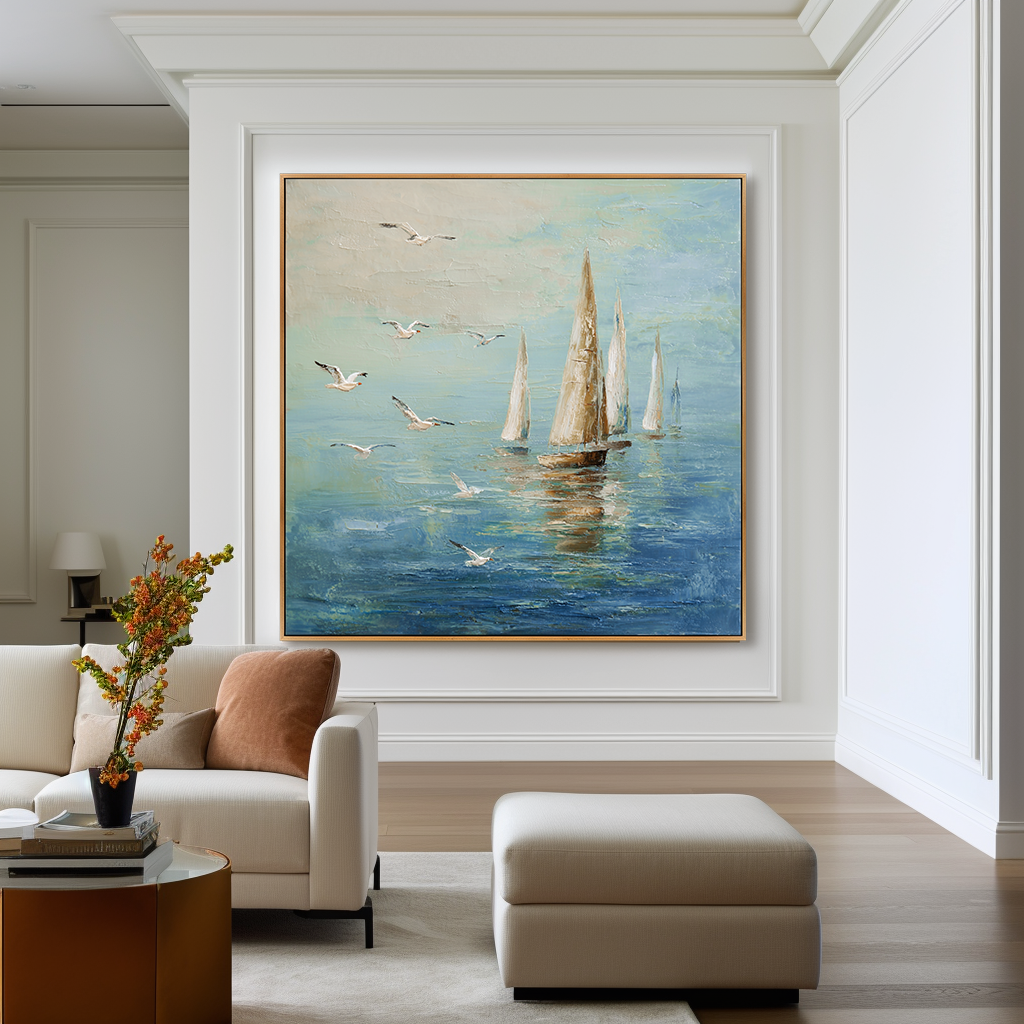 Azure Tides - Hand-Painted Sailboat Oil Painting Acoustic Panel