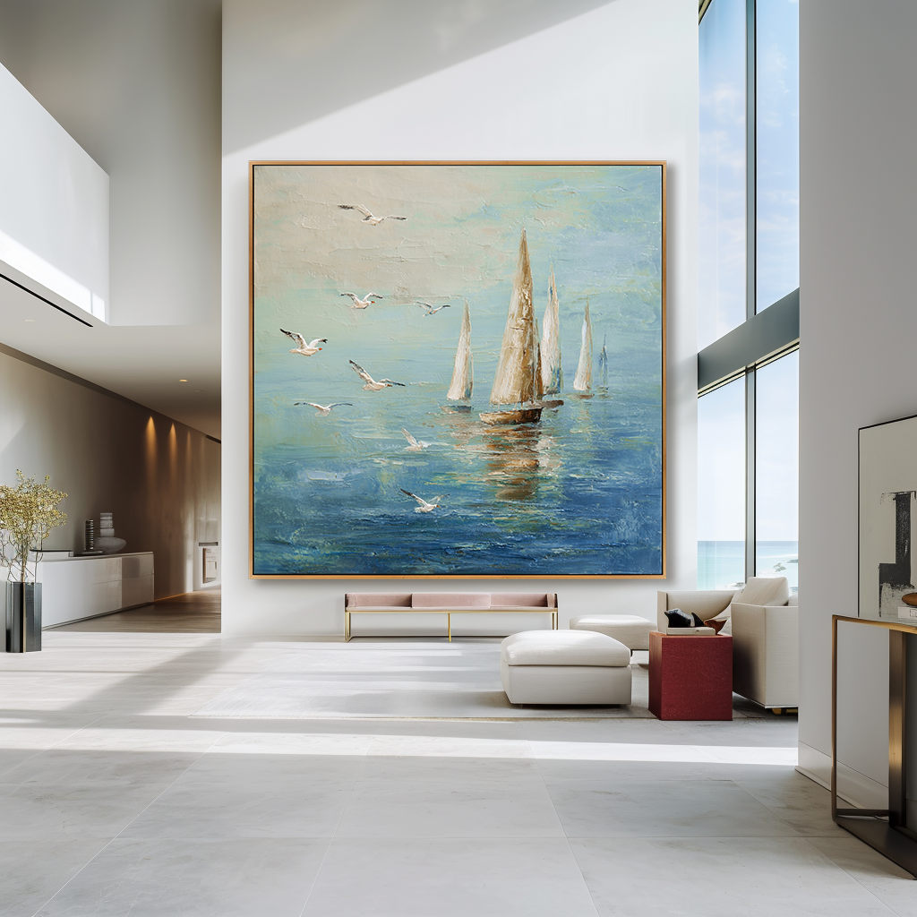 Azure Tides - Hand-Painted Sailboat Oil Painting Acoustic Panel