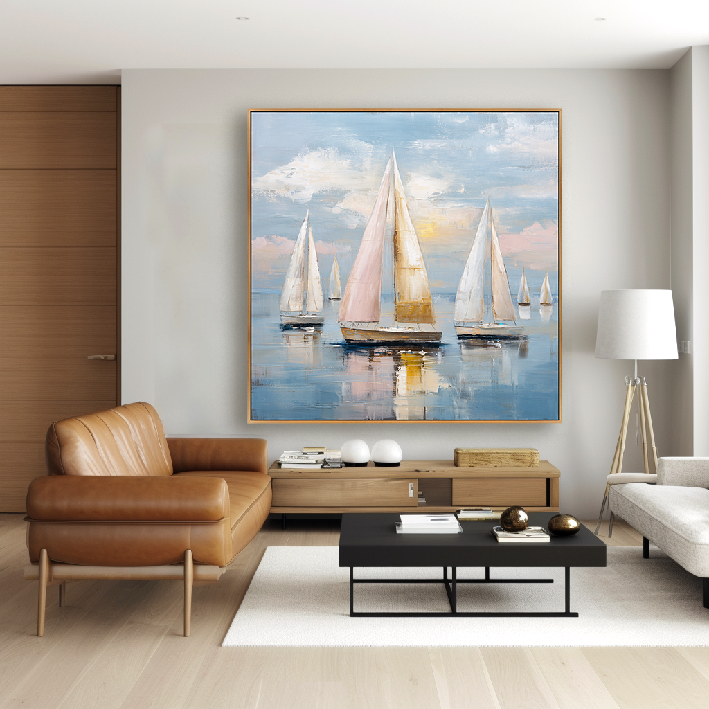 Blush Harbor - Hand-Painted Sailboat Oil Painting Acoustic Panel