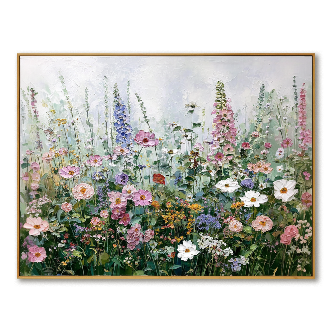 Wildflower Dream – Textured Oil Painting, Soft Pink and Purple Floral Wall Art, Hand-painted Garden Flowers for Living Room, Home Decor