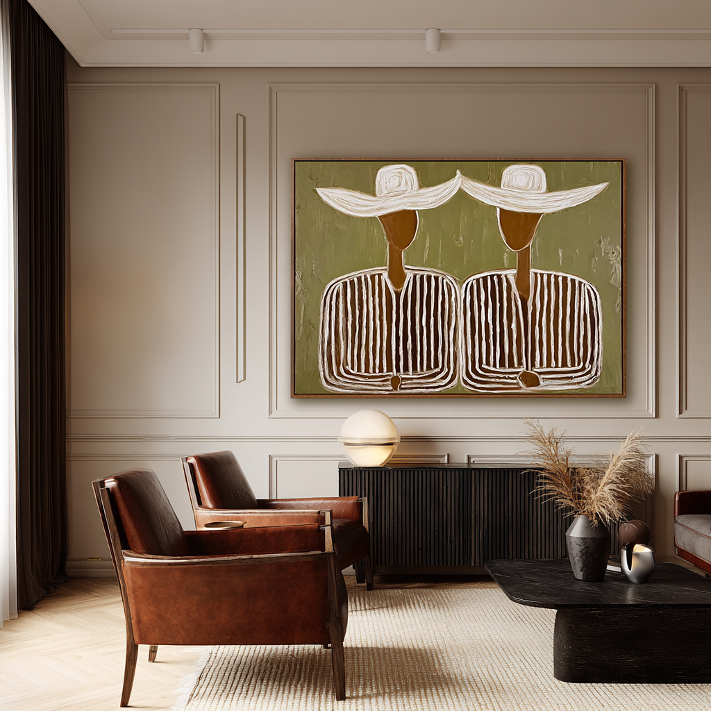 Harmonious Companions – Hand-Painted Oil Painting, Olive Green Wall Art