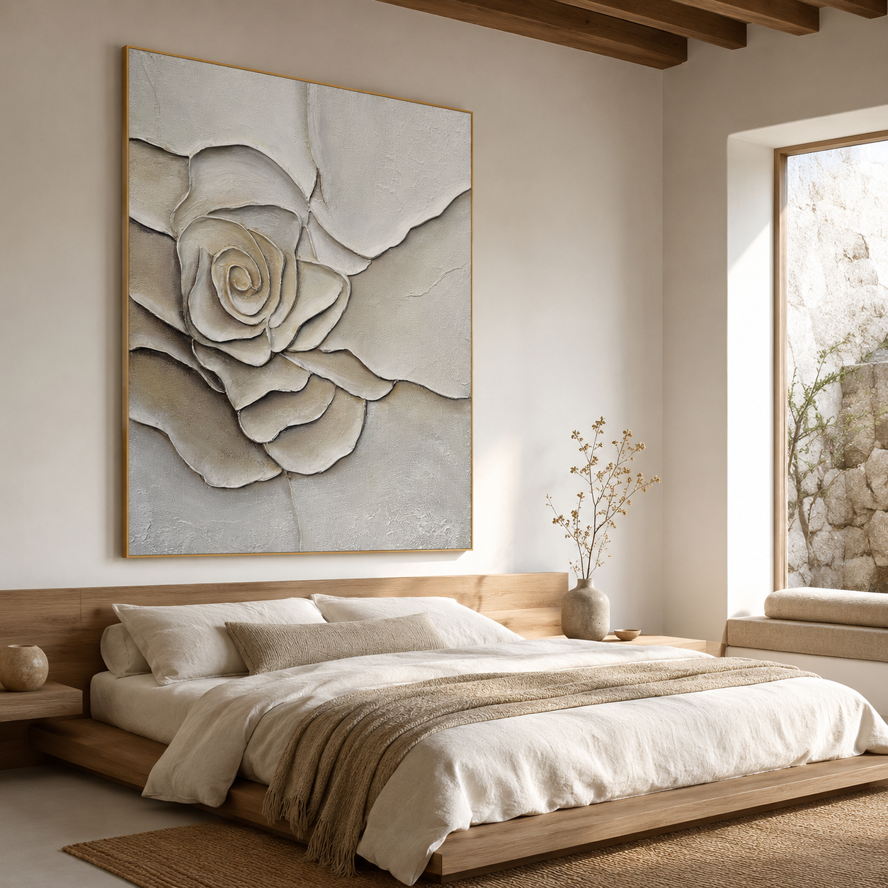 Cream Petal – Textured Rose Wall Art, Hand-Painted Neutral Floral Canvas for Modern Home Decor