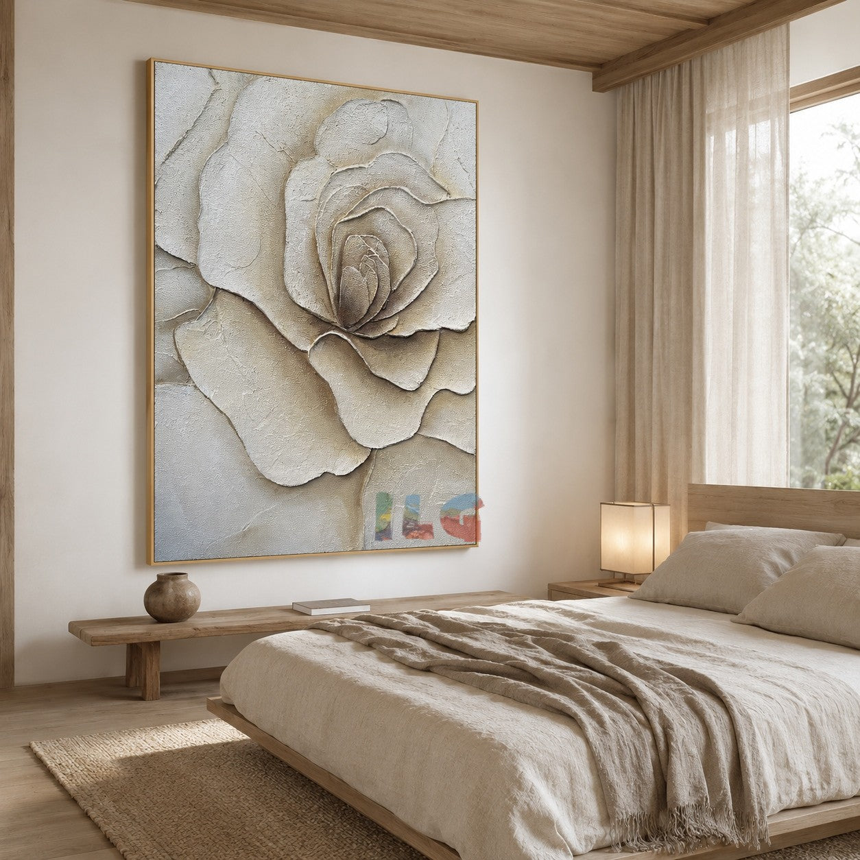 Soft Ivory – Textured Rose Wall Art, Hand-Painted Neutral Floral Canvas for Modern Home Decor