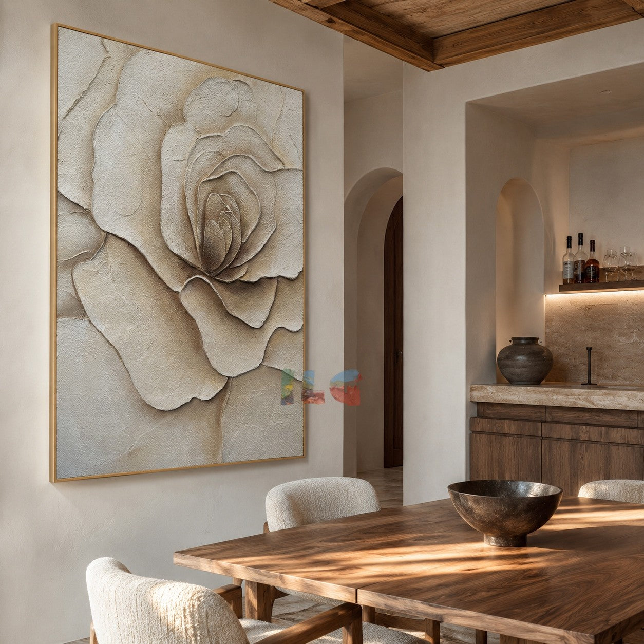 Soft Ivory – Textured Rose Wall Art, Hand-Painted Neutral Floral Canvas for Modern Home Decor
