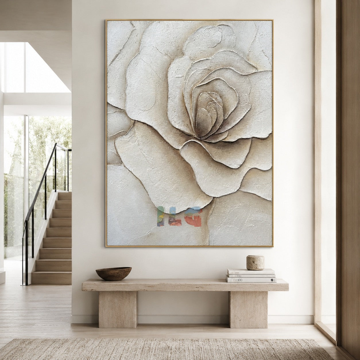 Soft Ivory – Textured Rose Wall Art, Hand-Painted Neutral Floral Canvas for Modern Home Decor
