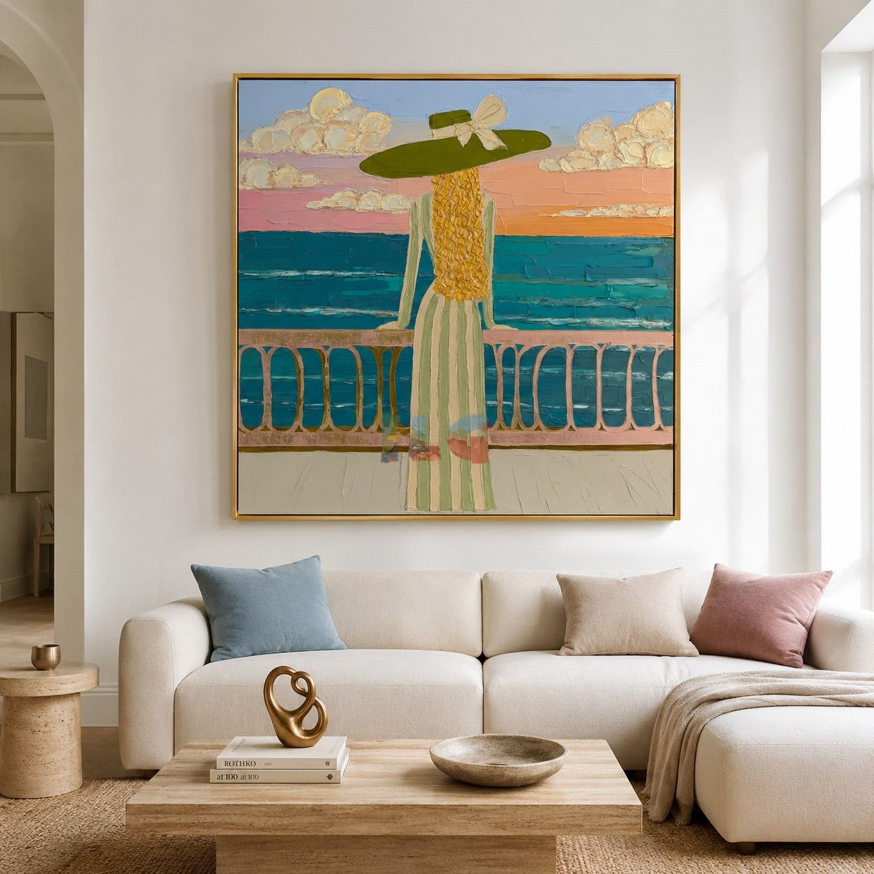Seaside Balcony Reverie – Coastal Figure Wall Art