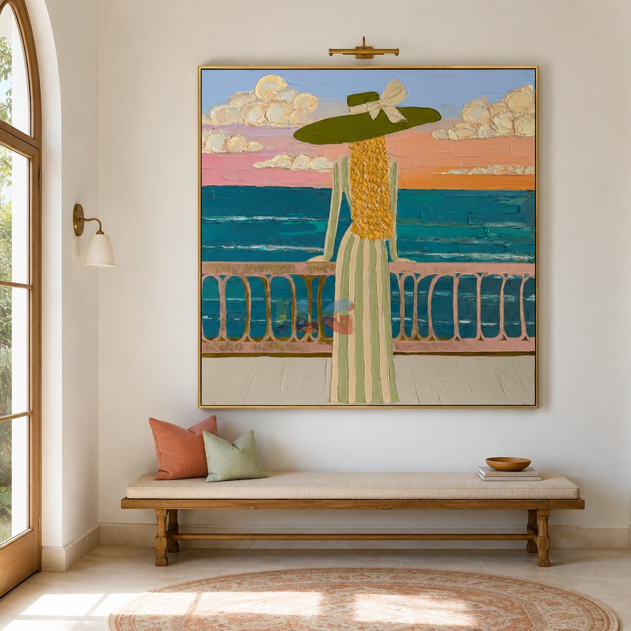 Seaside Balcony Reverie – Coastal Figure Wall Art