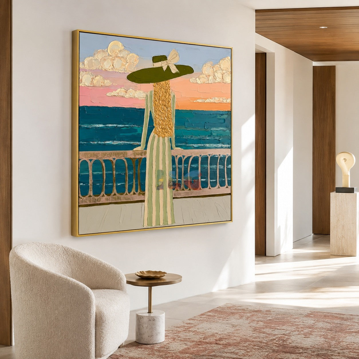 Seaside Balcony Reverie – Coastal Figure Wall Art